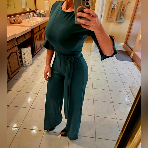 Womens Medium half sleeve Belted green one piece pants jumpsuit - Picture 6 of 9